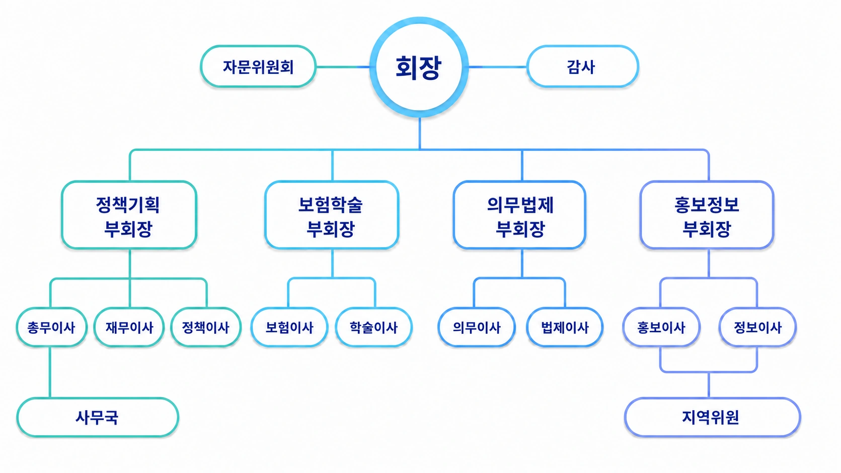 대한정신건강의학과의사회 조직도 — 회장 아래 자문위원회·감사, 정책기획·보험학술·의무법제·홍보정보 4개 부회장과 산하 이사, 사무국, 지역위원